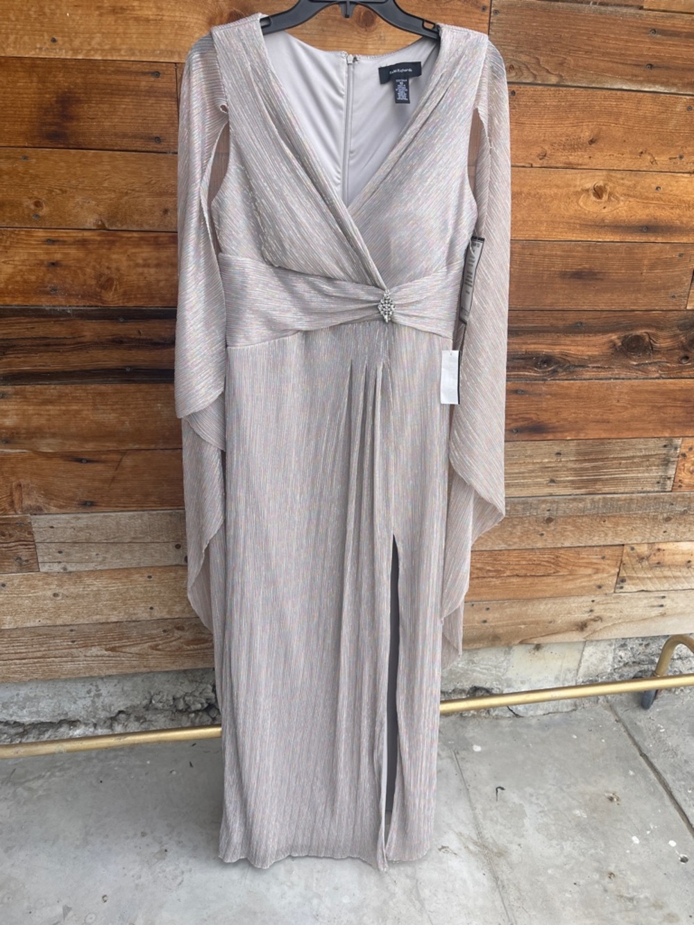 R&M Richards Iridescent Silver-Beige V-Neck Maxi Gown